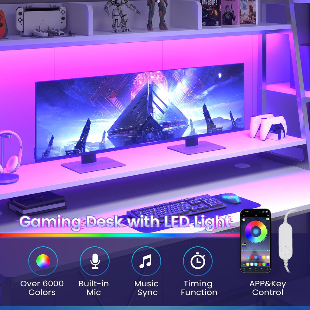 SEDETA White Gaming Desk 78.8'' with LED Lights, Hutch and Storage Shelves, Computer Desk with Monitor Stand, Large PC Gamer Desk Workstation, Ergonomic Gaming Table for Bedroom, Living Room