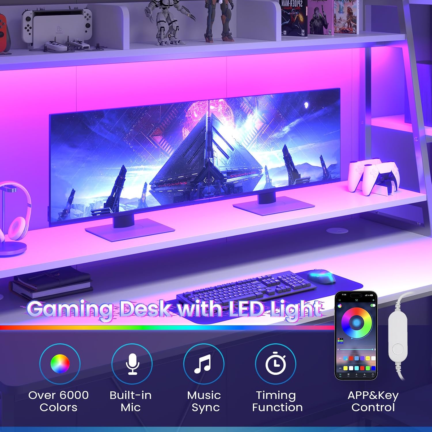 SEDETA White Gaming Desk 78.8'' with LED Lights, Hutch and Storage Shelves, Computer Desk with Monitor Stand, Large PC Gamer Desk Workstation, Ergonomic Gaming Table for Bedroom, Living Room