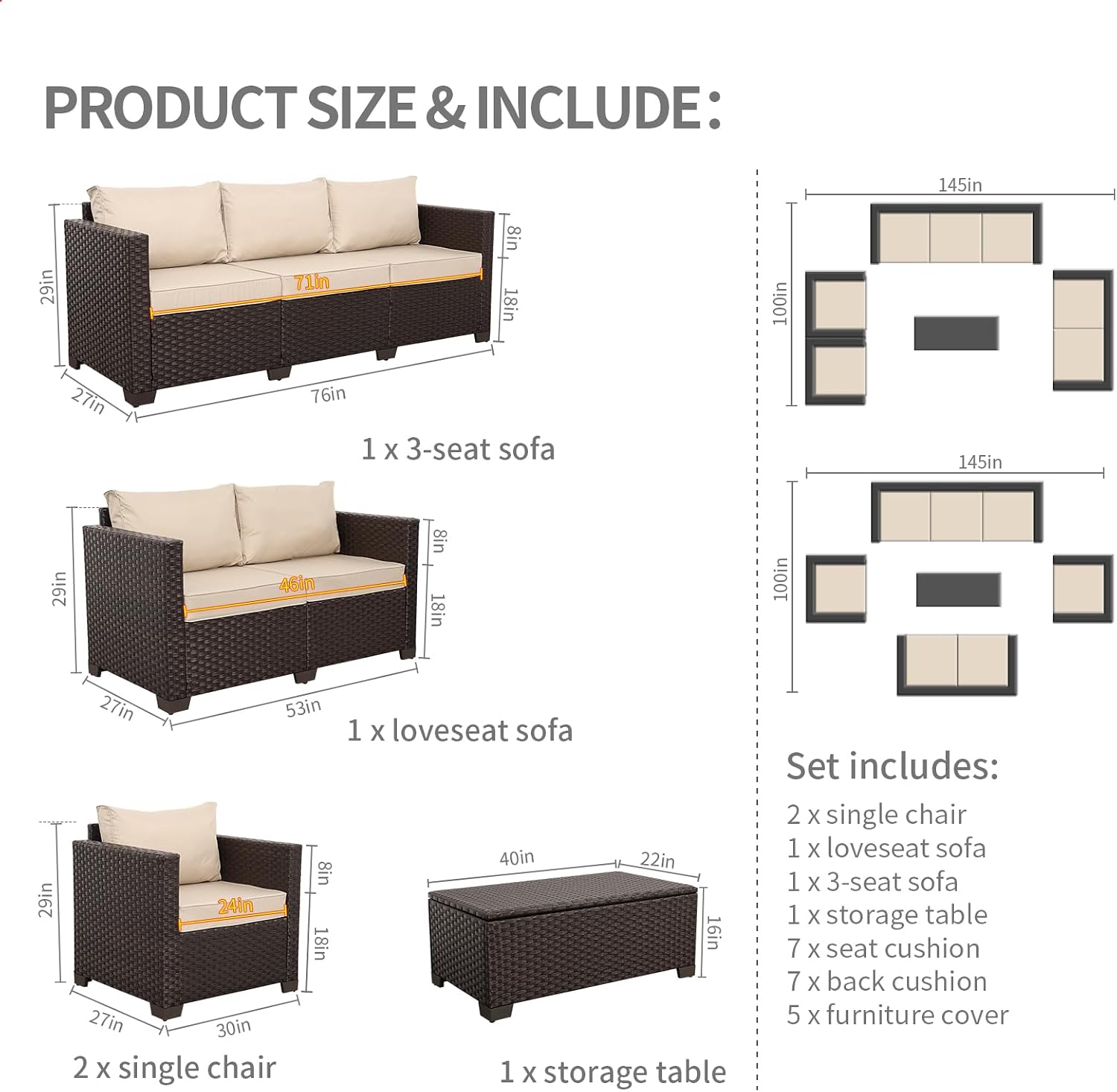 Rattaner 5-Piece Outdoor Furniture Set Patio Furniture Set Outdoor Couch Coffee Table with Storage Non-Slip Cushions and Waterproof Covers, Khaki