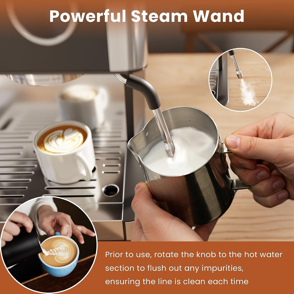 WAA Espresso Machine 20 Bar, Expresso Coffee Machines with Grinder, Espresso Maker with Milk Frother Steam Wand, Latte & Cappuccino Machine with Removable Water Tank for Home, Stainless Steel