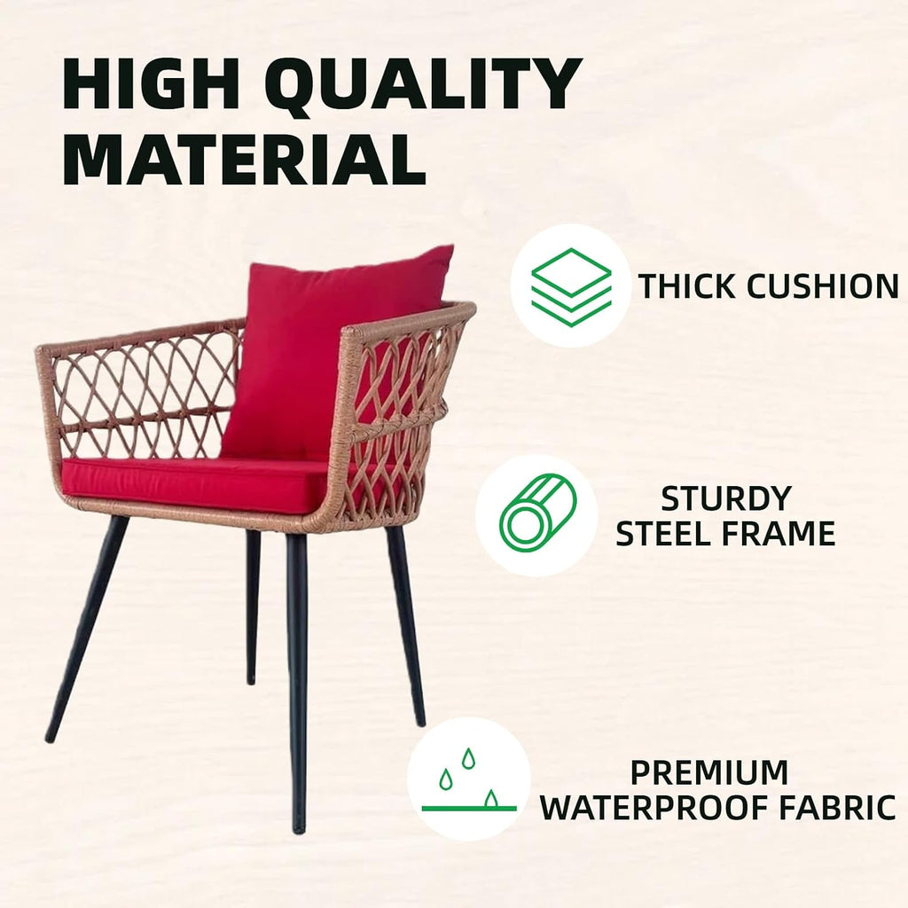 4 Piece Patio Furniture Set,Outdoor Conversation Set with Wicker Sofa, 2 Rattan Chairs and Glass Table, Patio Bistro Set with All Weather Cushions, for Garden, Porch, Backyard (Red)