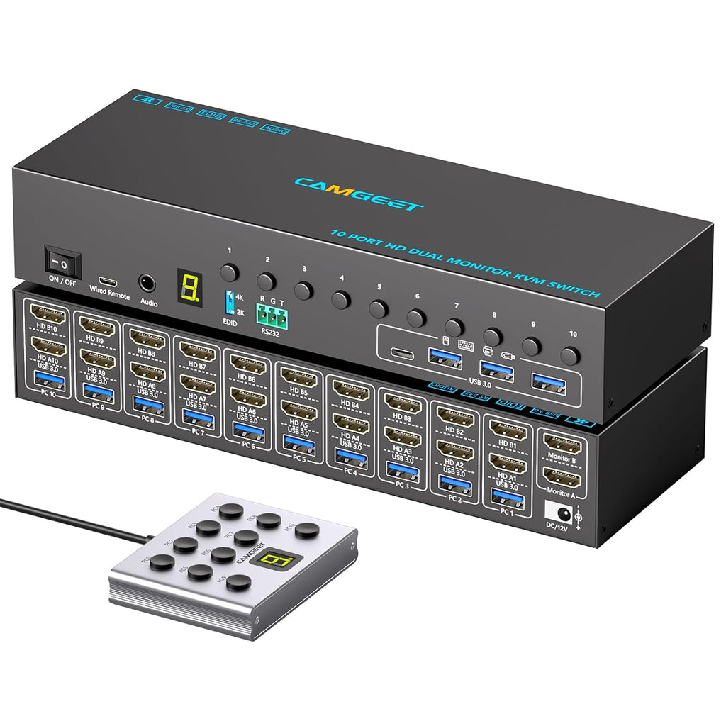 10 Port 8 Port 2 Monitors KVM Switch HDMI 4K@60Hz EDID Simulation, USB 3.0 Dual Monitor KVM Switch 2 Monitors 8 Computers 10 Computers,4 USB3.0 Ports, Audio,RS232,Wired Remote,12V Power,10 USB Cables
