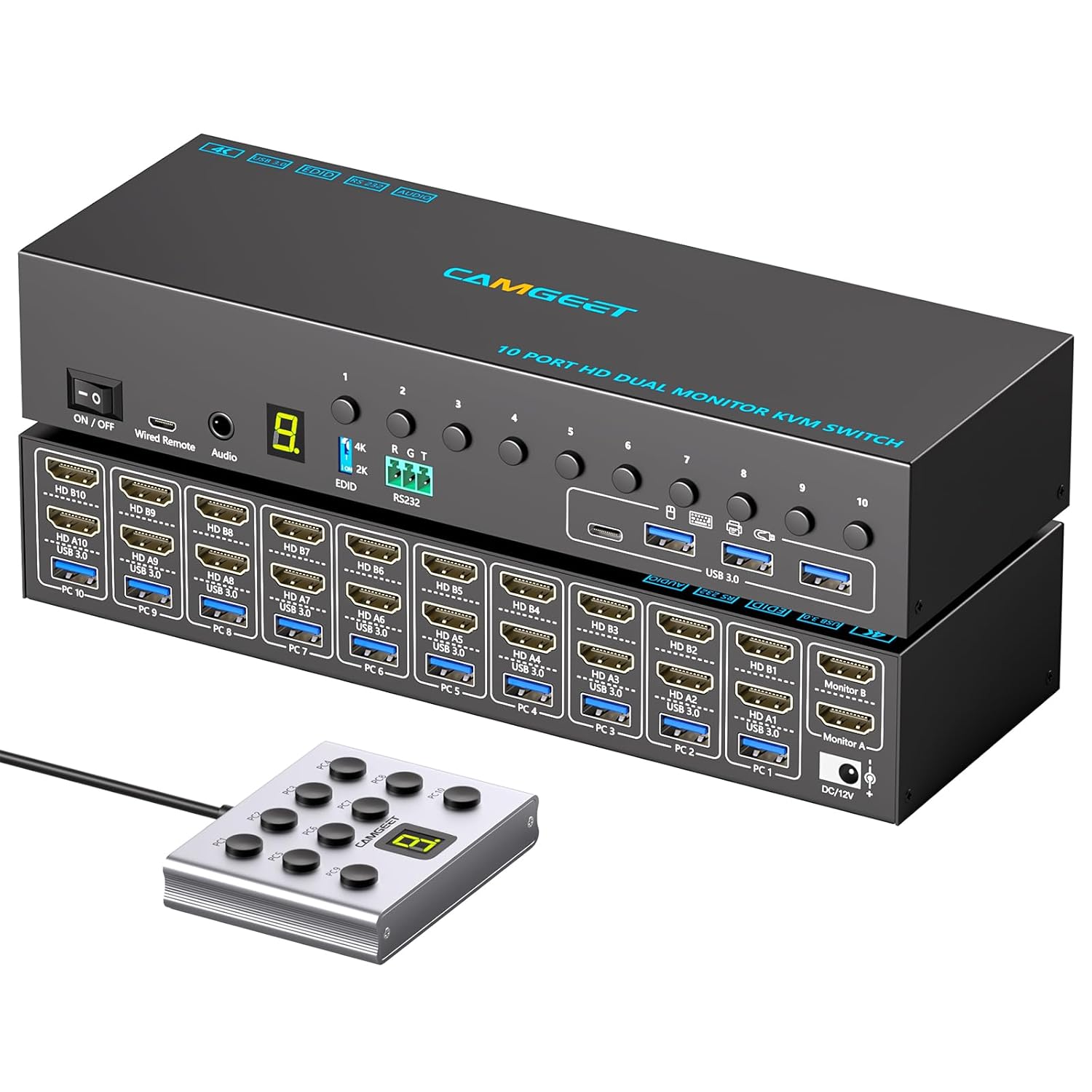 10 Port 8 Port 2 Monitors KVM Switch HDMI 4K@60Hz EDID Simulation, USB 3.0 Dual Monitor KVM Switch 2 Monitors 8 Computers 10 Computers,4 USB3.0 Ports, Audio,RS232,Wired Remote,12V Power,10 USB Cables