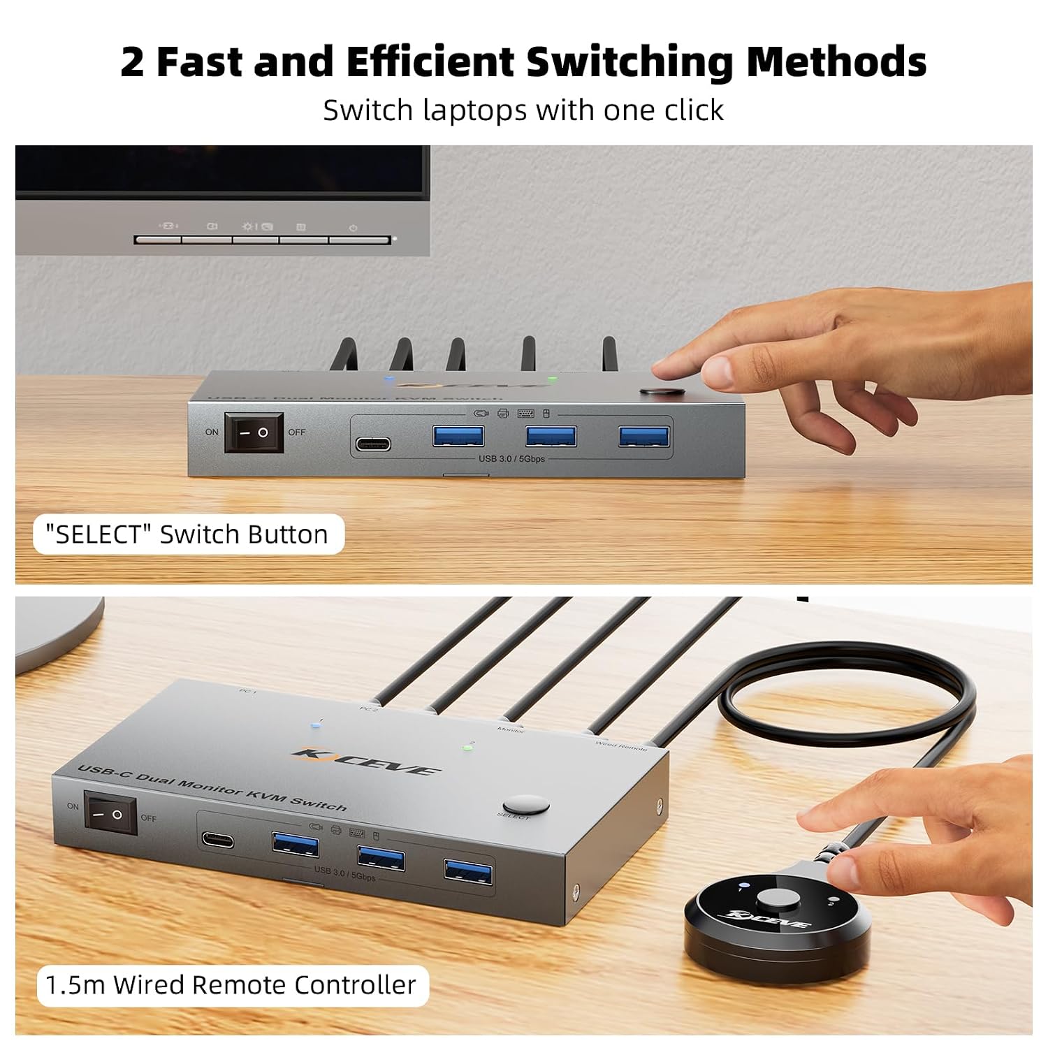 KCEVE KVM Switch 2 Monitors 2 Computers USB C, KVM Switch USB-C for 2 Laptops Sharing 2 Monitors and 4 USB3.0 Devices, 4K@60Hz, 100W PD, MST, Wired Remote(4K USBC HDMI 2 in 2 Out KVM)