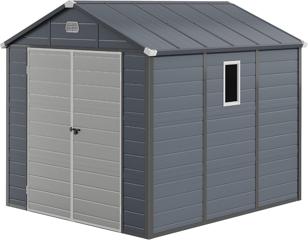 DWVO 8x9FT Outdoor Storage Shed w/o Floor, All-Weather Plastic Shed with Window, Lockable Doors & Vents, Plastic Tool Shed for Backyard Patio Lawn, Gray