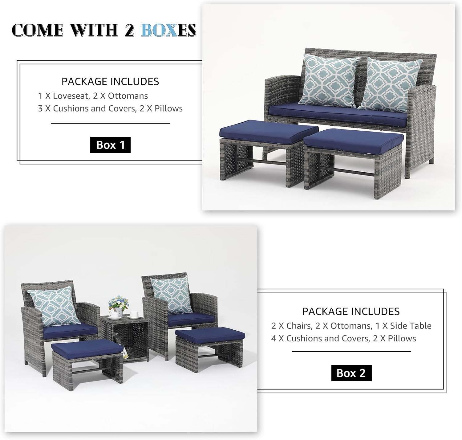 OC Orange-Casual Patio Furniture Sets,8 Pieces Conversation Set, Outdoor Wicker Bistro Set, All Weather Sectional Loveseat Chairs with Ottoman & Coffee Table, Grey Rattan with Navy Blue Cushion