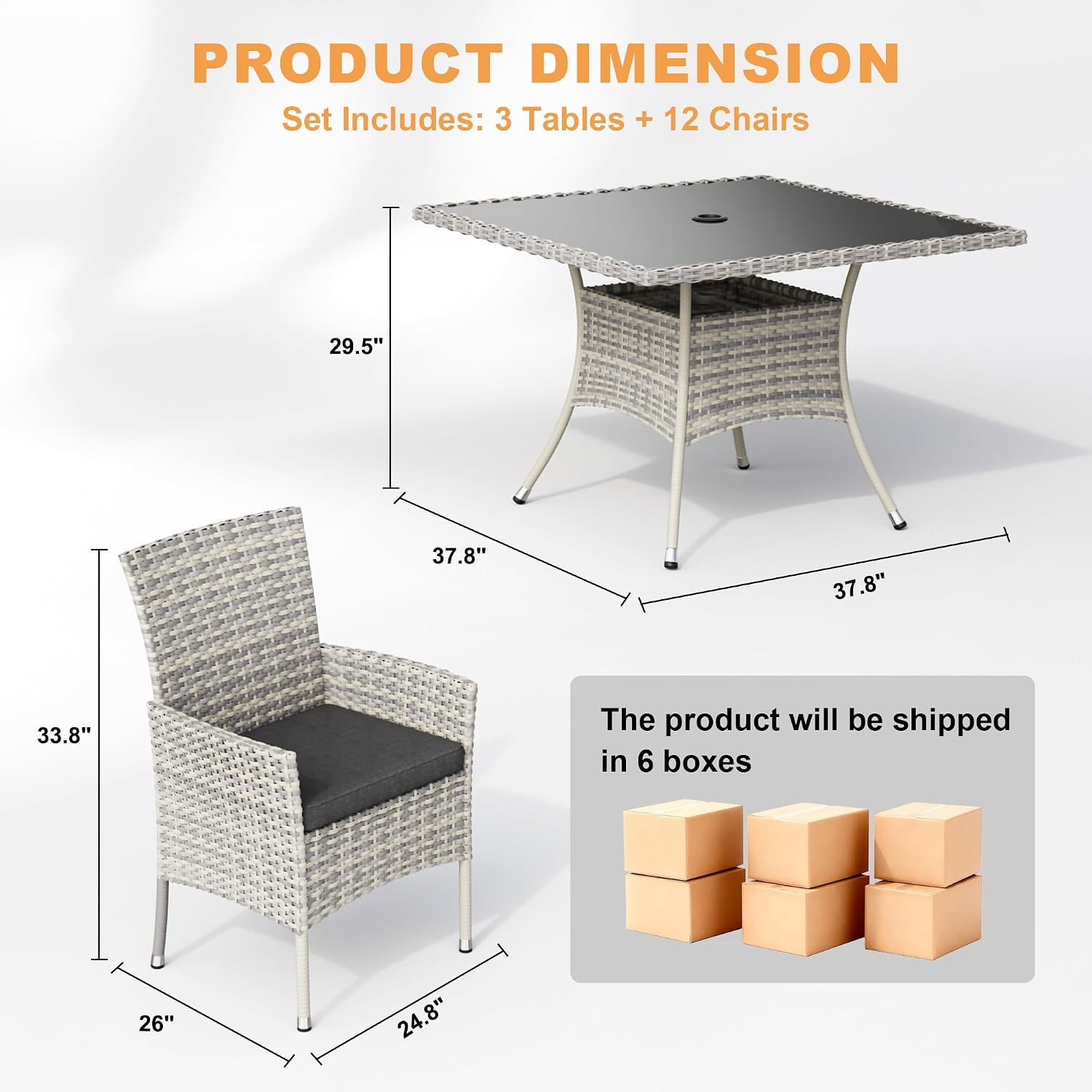 15-Piece Patio Dining Set, Patio Furniture Set with Square Tempered Glass Table & 12 Wicker Chairs, Expandable Design for Larger Groups, Outdoor Furniture for Backyard, Deck, Garden, Dark Grey
