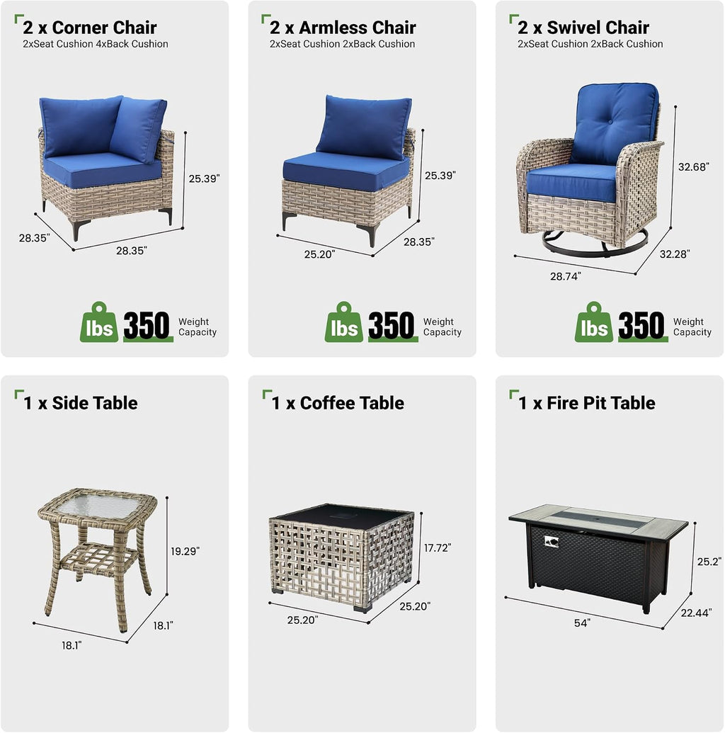 9 Pcs Patio Furniture with Fire Pit Table, Outdoor Rattan Wicker Conversation Set with Glowing Coffee Table, Comfy Sectional Sofa for Porch Balcony Backyard Pool, Blue