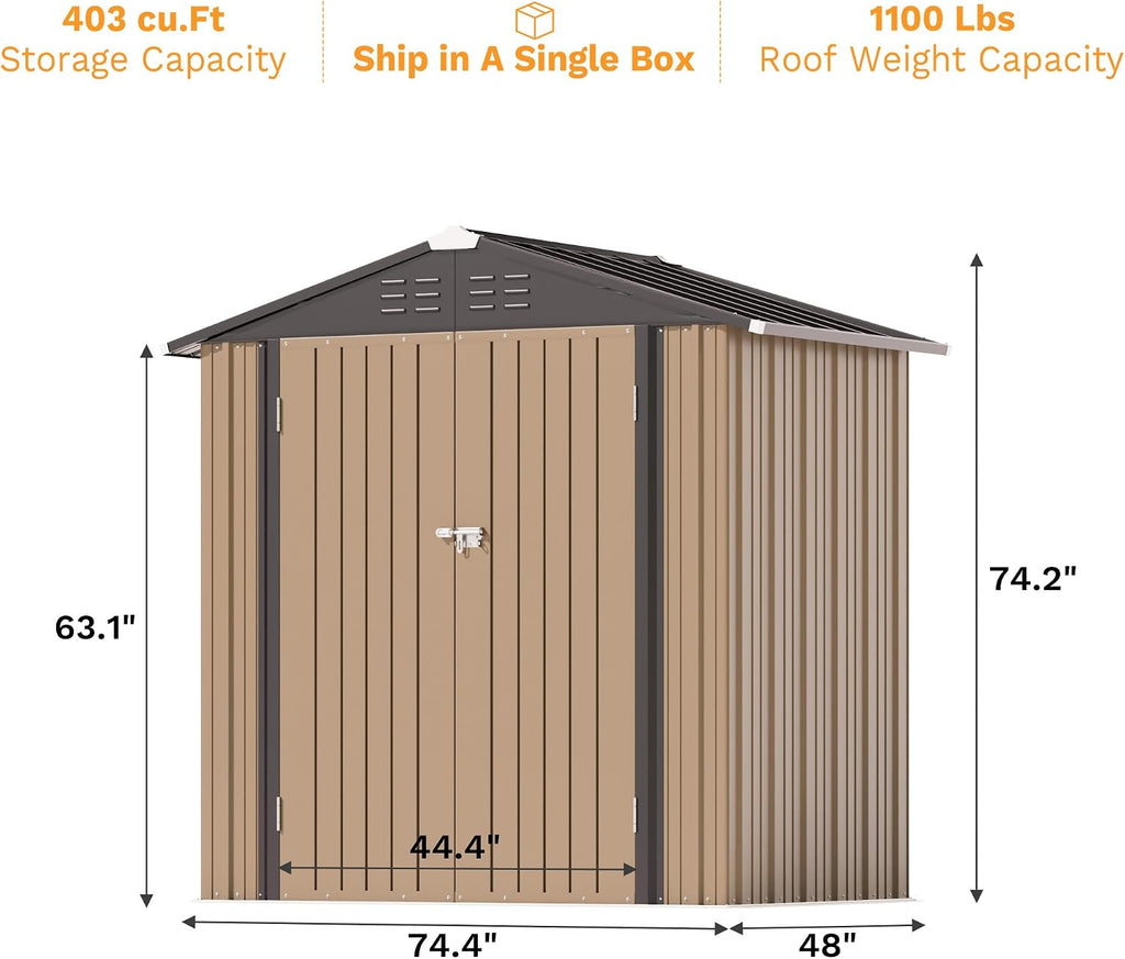 Greesum 6x4FT Outdoor Storage Shed, Utility Tool Shed Metal Storage Garden Shed with Door & Lock for Patio Storage, Brown
