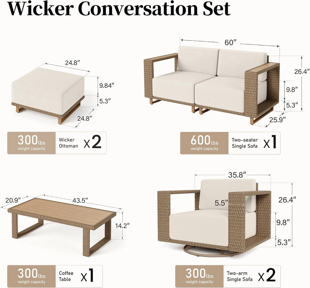 SUNSHINE VALLEY 6 Pieces Patio Furniture Set, Outdoor Wicker Conversation Set with Swivel Chairs and Ottomans, Modular Patio Conversation Set, Low Profile Lawn Garden Backyard Furniture