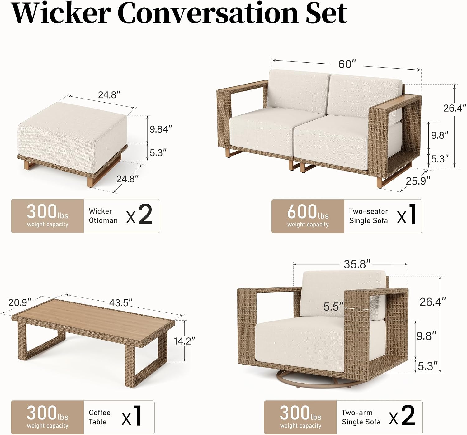 SUNSHINE VALLEY 6 Pieces Patio Furniture Set, Outdoor Wicker Conversation Set with Swivel Chairs and Ottomans, Modular Patio Conversation Set, Low Profile Lawn Garden Backyard Furniture