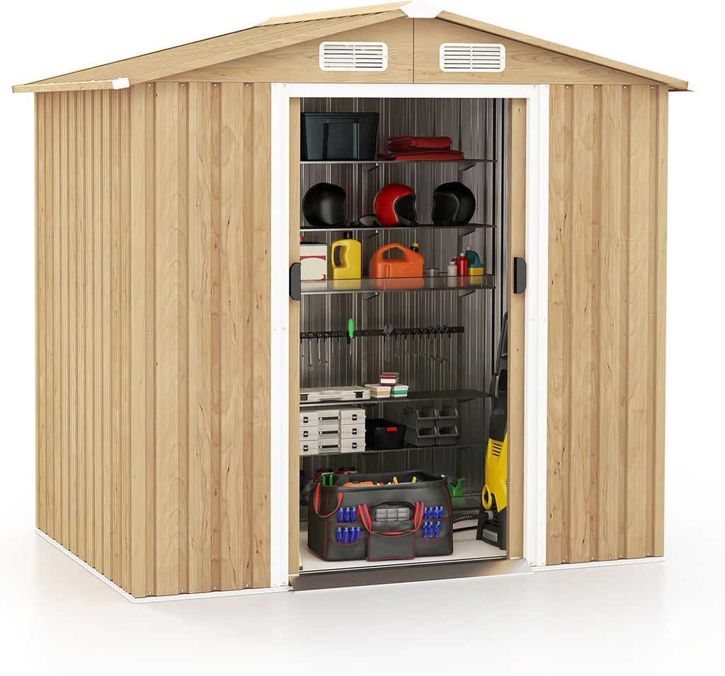 Goplus 6' x 4' Woodgrain Outdoor Storage Shed, Galvanized Metal Tool House Organizer w/ 4 Vents, Lockable Doors, Waterproof Garden Sheds & Outdoor Storage for Backyard, Lawn, Patio, Natural