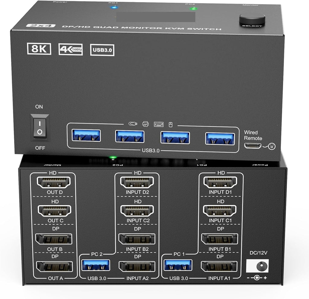 KVM Switch 4 Monitors 2 Computers,USB 3.0 HDMI+DisplayPort Four Monitor KVM for 2 PC Share 4 Display 4USB(204 2H2D)