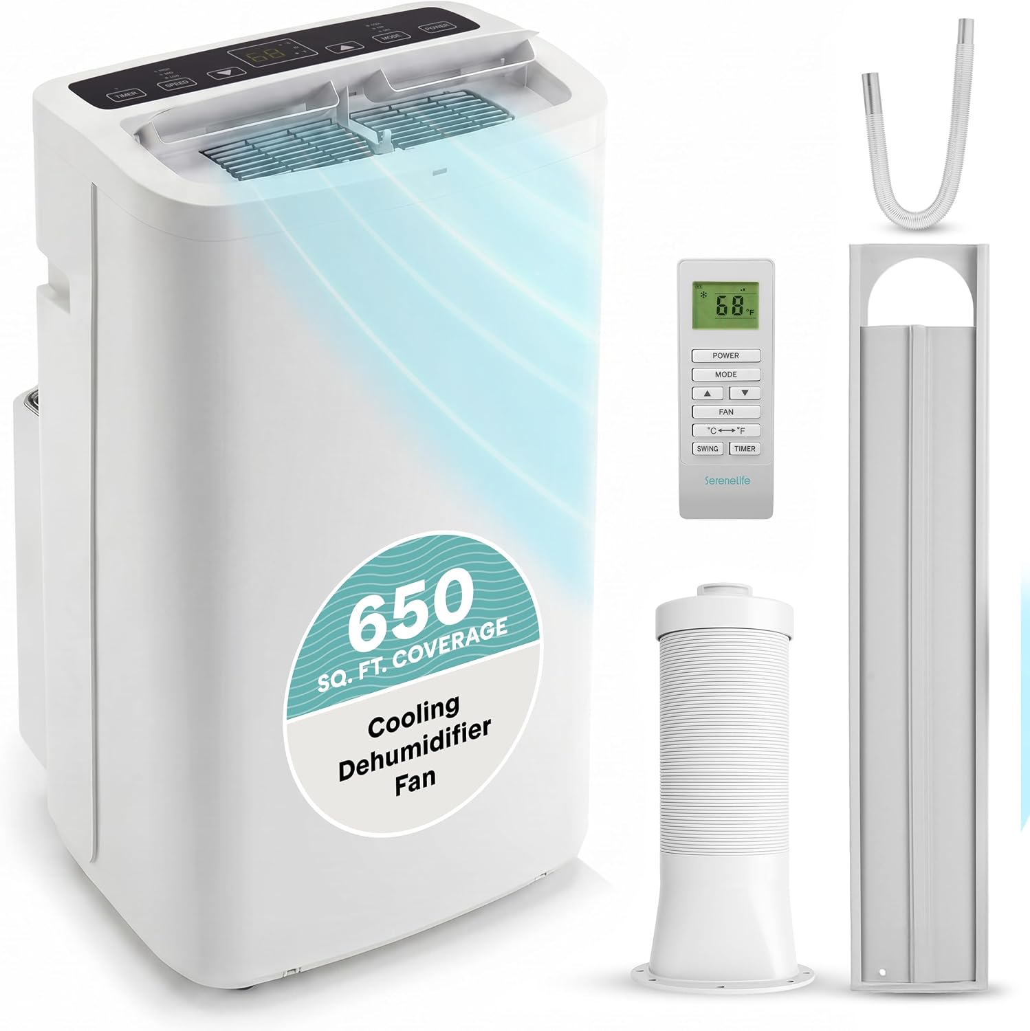 SereneLife Small Air Conditioner Portable 14,000 BTU with Built-in Dehumidifier - Portable AC unit for rooms up to 650 sq ft - Remote Control, Window Mount Exhaust Kit
