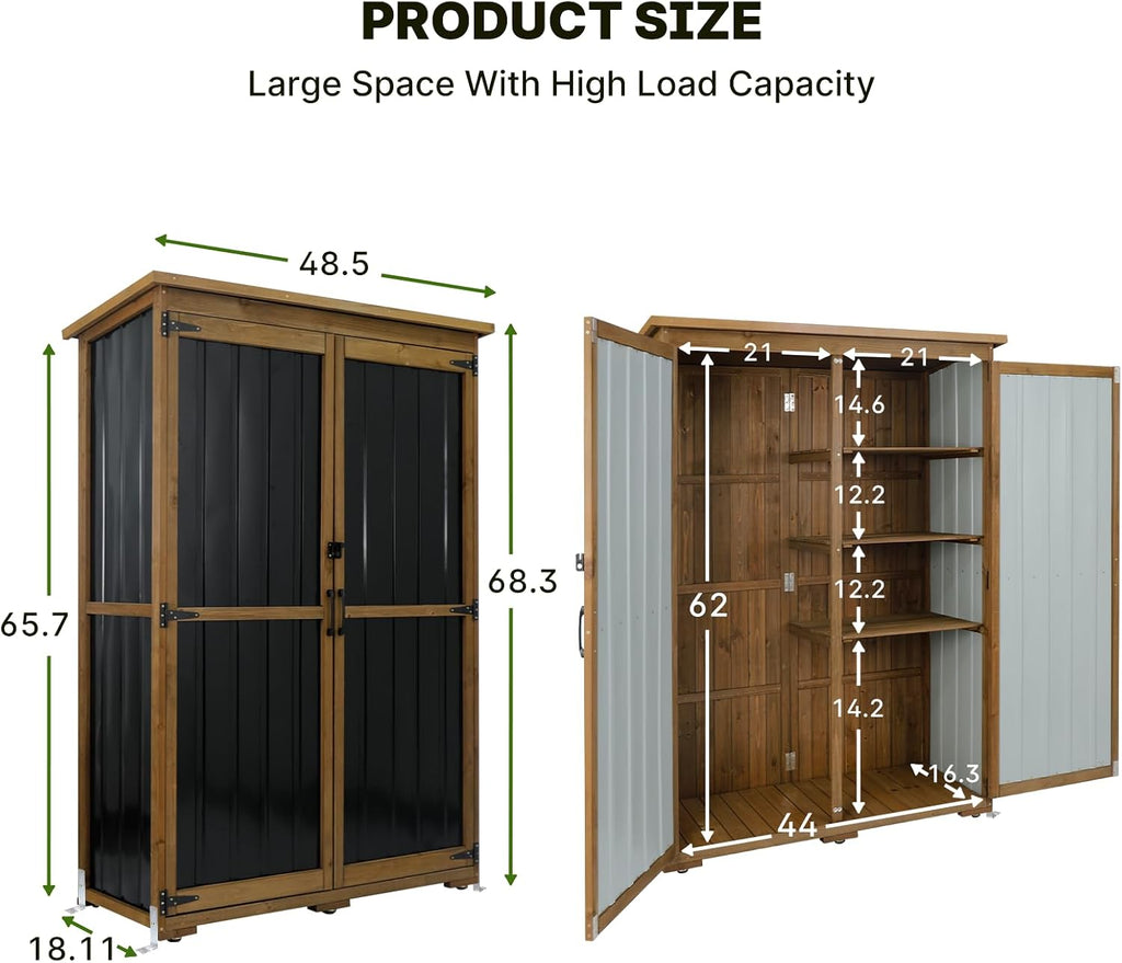 Outdoor Storage Cabinet Wood & Metal with Waterproof Roof, Garden Tool Shed with 4 adjustable reinforced feet with metal brackets, 3 Removable Shelves, 6 T-Hinge, Magnetic door,18.1'D x 49'W x 68.5'H