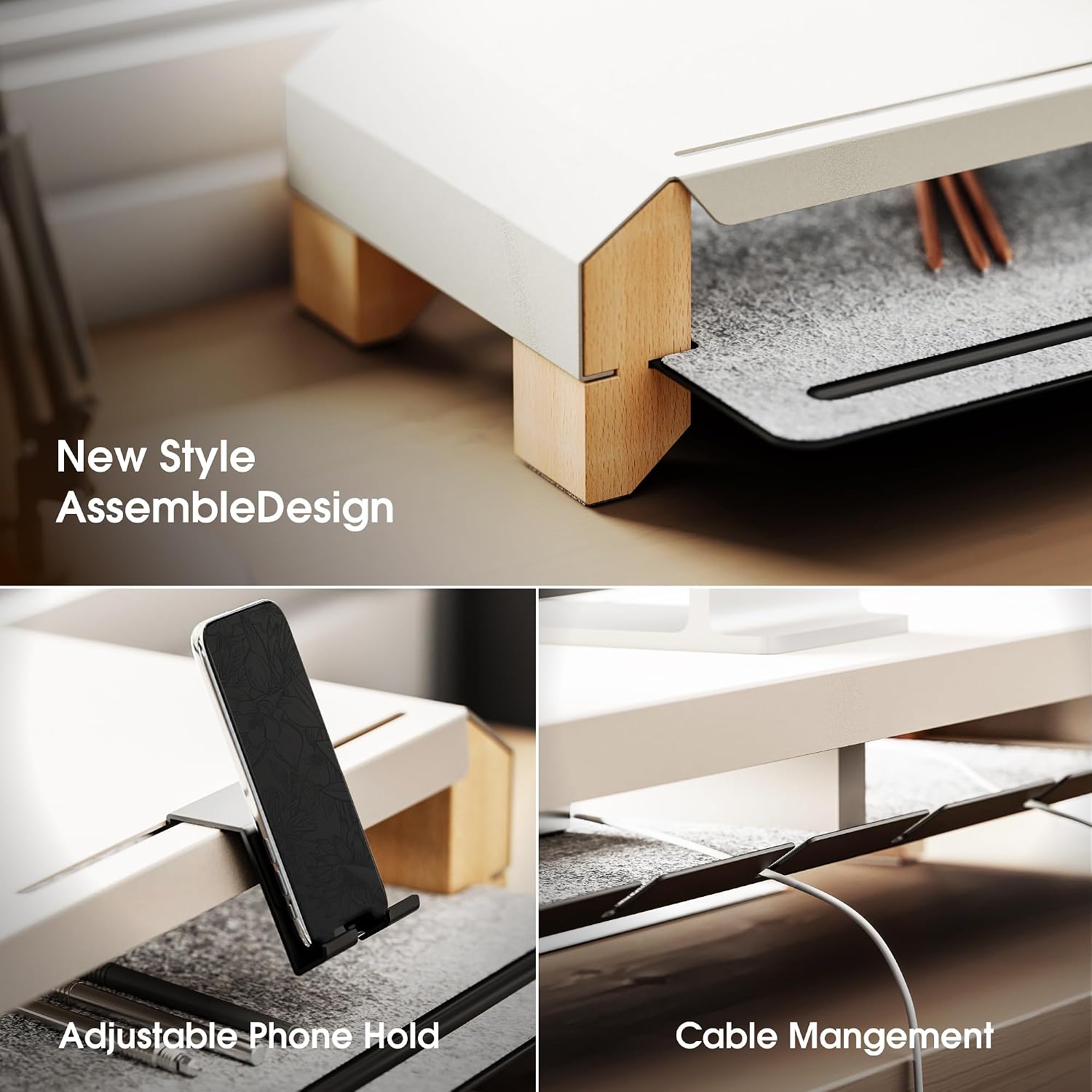 Fenge Monitor Stand for Desk, 39 Inch Dual Monitor Riser for 2 Monitors, Solid Wood Desk Shelf with Cable Management, 2 Tier Computer Stand with Phone Stand for PC, Laptop, Printer, TV