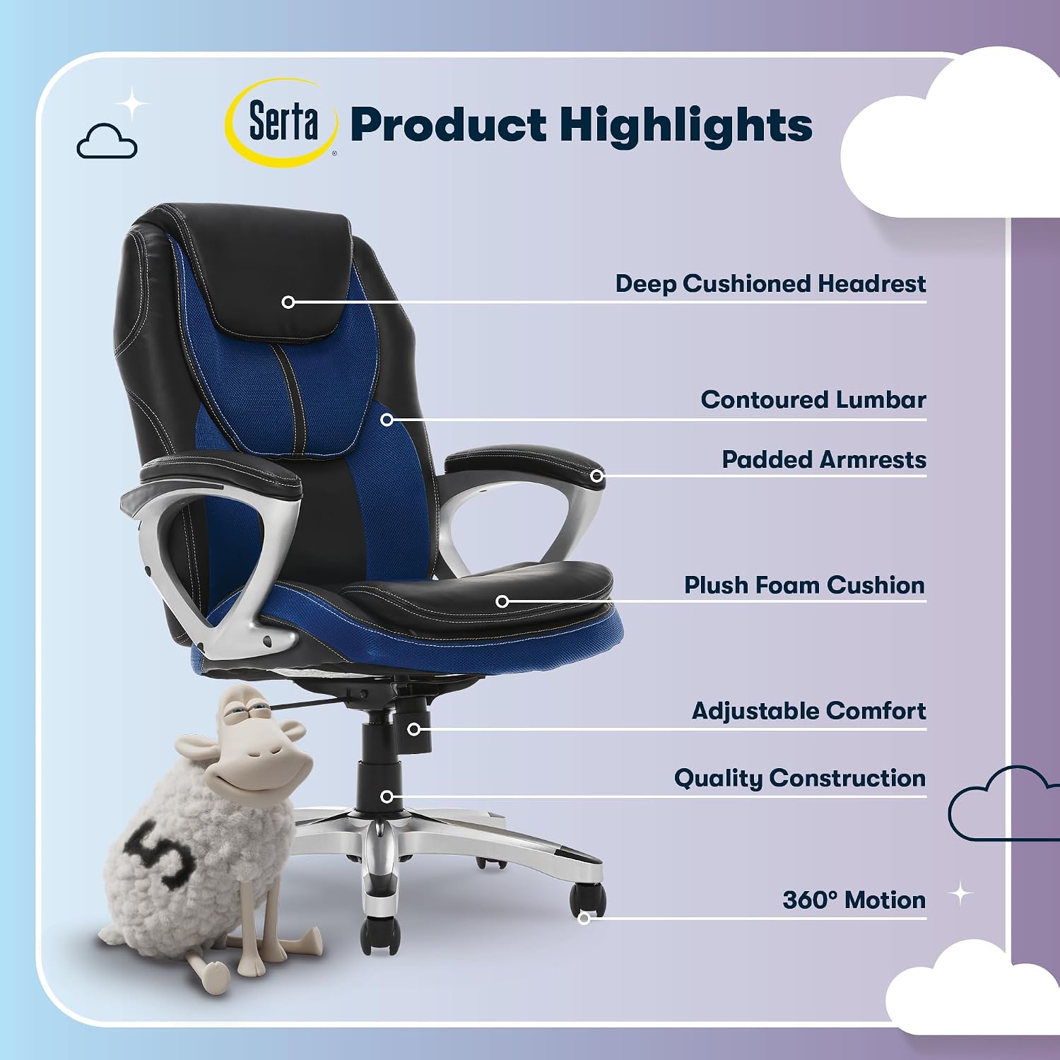 Serta Amplify Executive Office Chair with Faux Leather and Mesh, Adjustable Ergonomic Comfy Seat with Lumbar Support, Modern Computer DeskChairs, Swivel Rolling Wheels, Blue