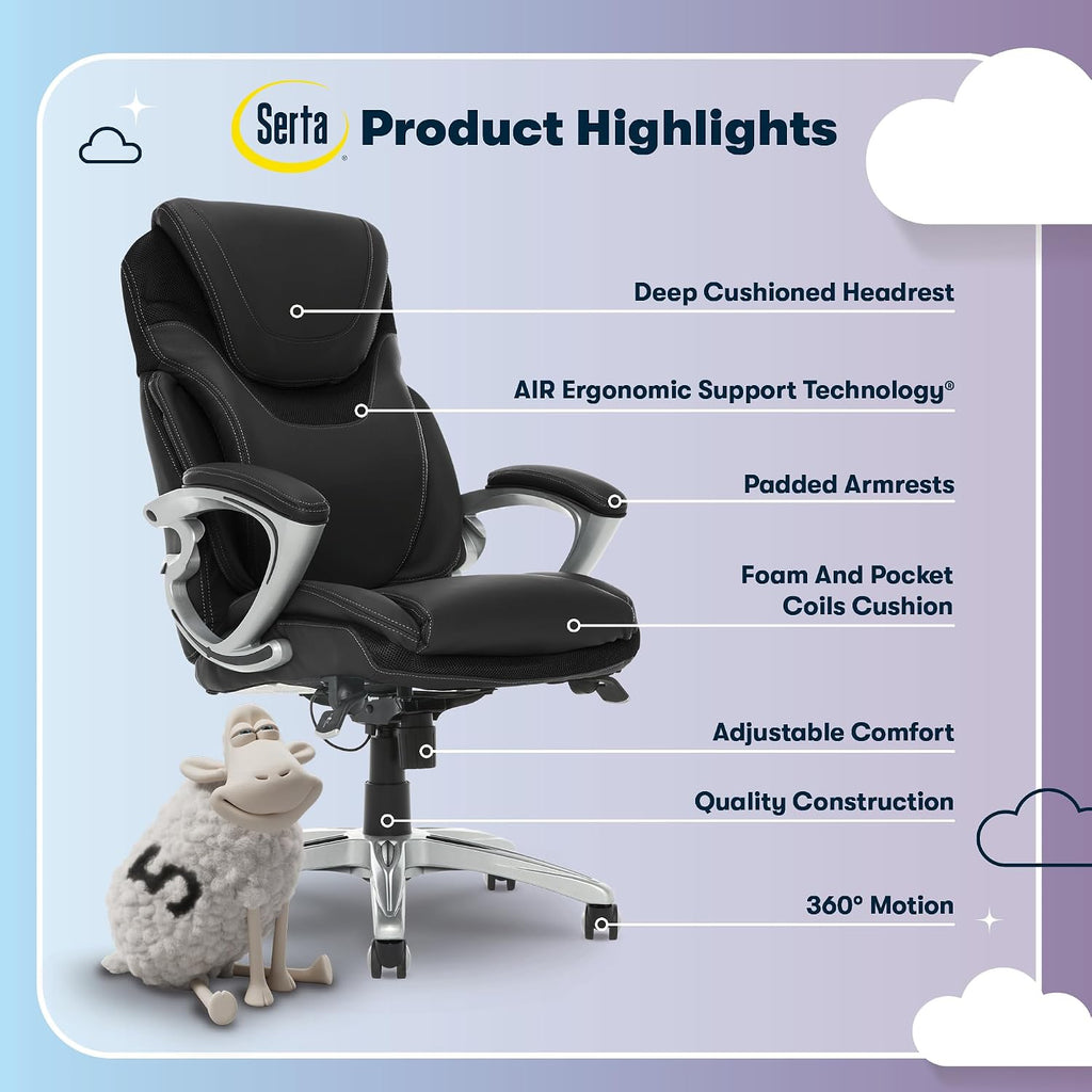 Serta Bryce Executive Office Chair - Ergonomic Computer DeskChair with Lumbar Technology - Adjustable Height - Memory Foam Body Pillows - 360° Swivel Rolling Base - Bonded Leather - Black