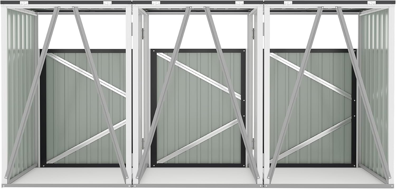 Outdoor Trash Can Storage, Garbage Bin Shed Stores 3 Trash Cans with Pneumatic Support Rod & Lockable Doors, Metal Outdoor Storage Shed for Garbage Cans, Garden, Backyard, and Patio, Grey