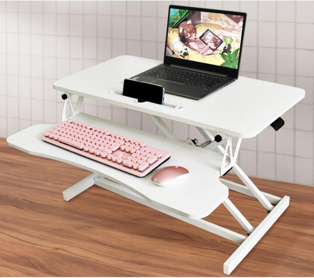 32' Height Adjustable Standing Desk Sit To Stand Converter with Wide Keyboard Tray for Home Office, Stand Up Desk Dual Monitor Riser Workstation with Spacious Tabletop for Laptops/Small Space (White)