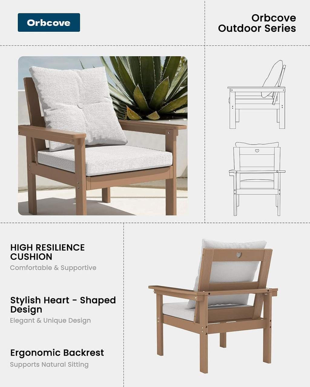 3 Piece Patio Furniture Set, HDPE Wood Grain Outdoor Loveseat and Coffee Table, Patio Conversation Set with Cushions for Porch, Lawn, Garden (Teak