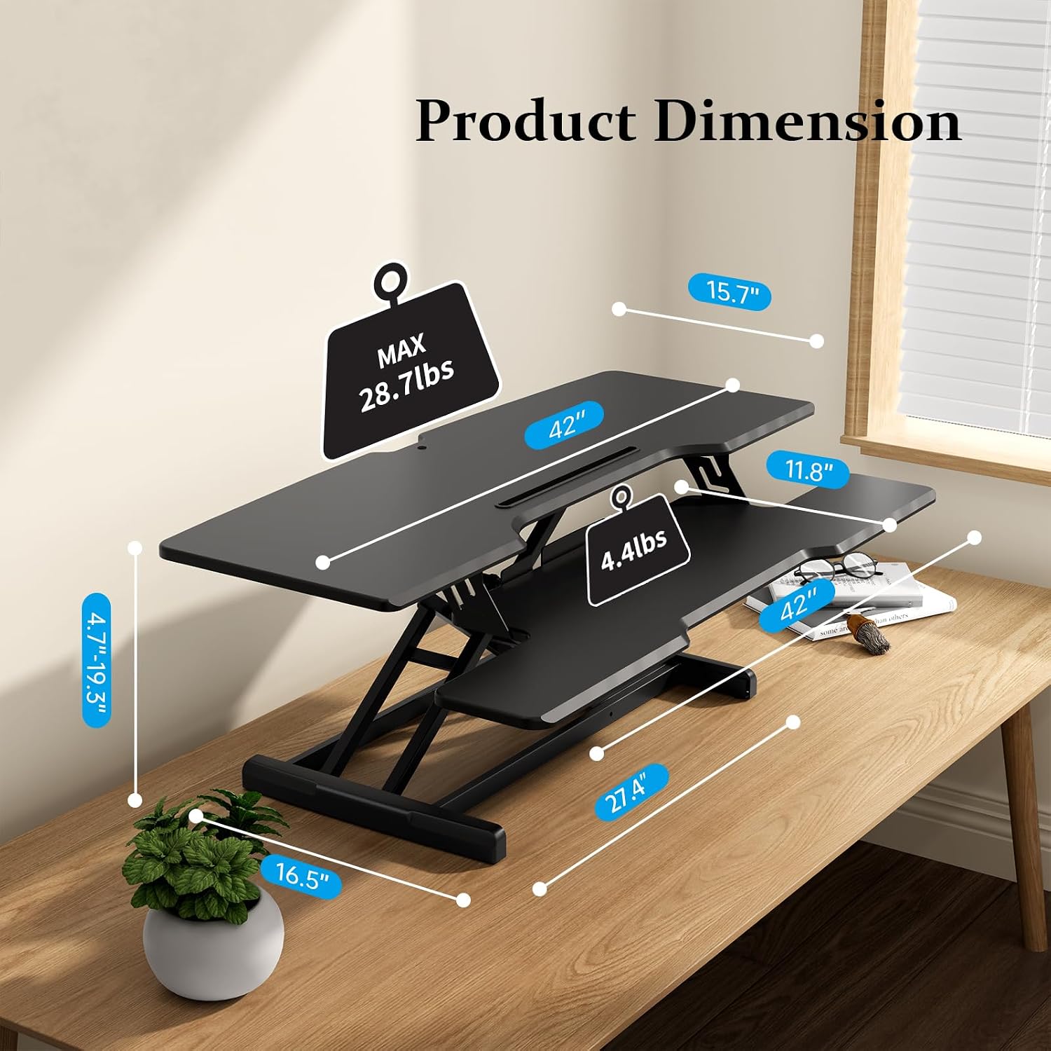 42 inch Standing Desk Converter, Height Adjustable Desktop Standing Desk with Keyboard Tray for Two Monitors, Sit to Stand up Desk Riser Computer Workstation for Home Office, Black