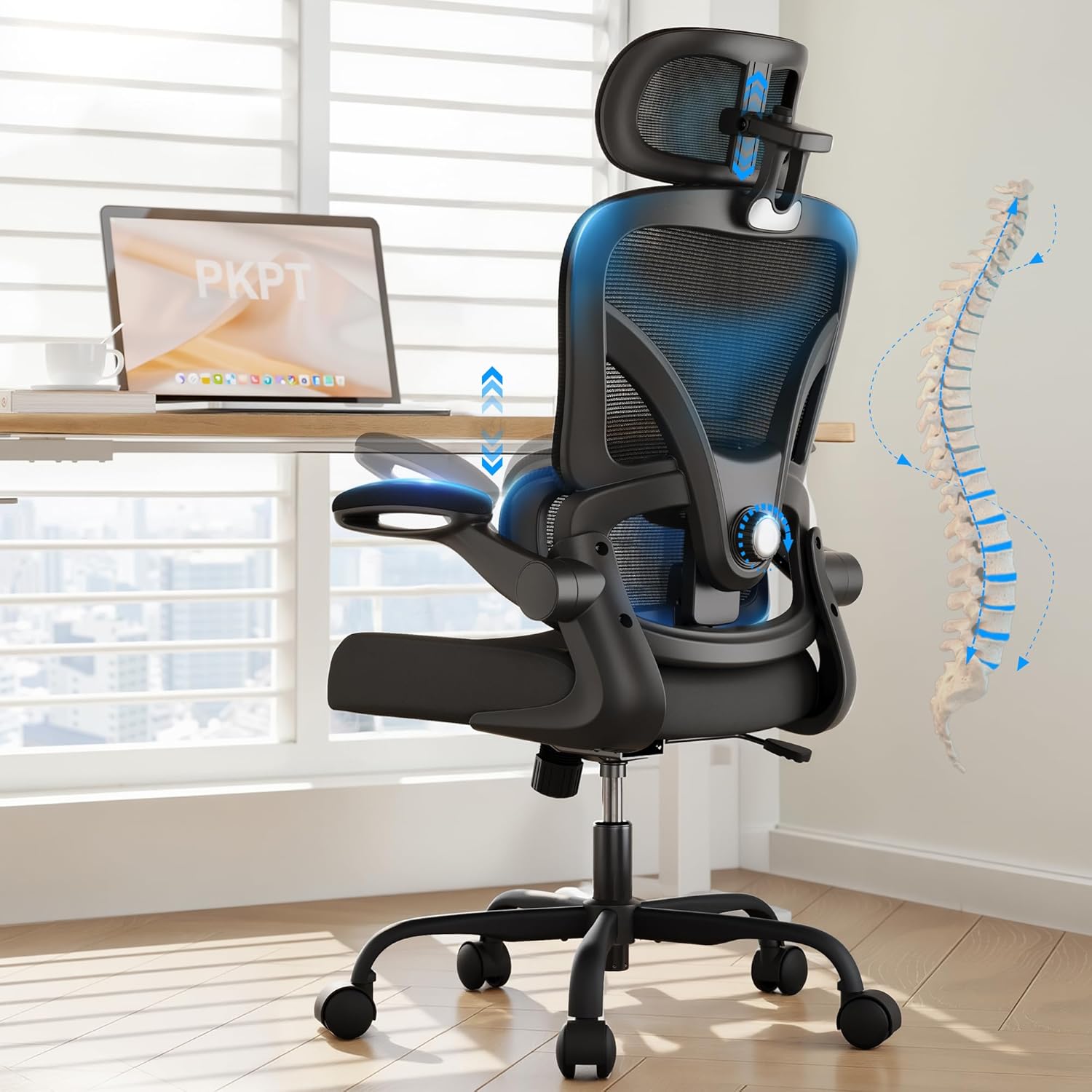 Ergonomic Office Chair, 330LBS Desk Chair with 3-Level Lumbar Support & Headrest, Breathable Mesh Backrest, Flip-Up Armrests for Home Office and Gaming, Black