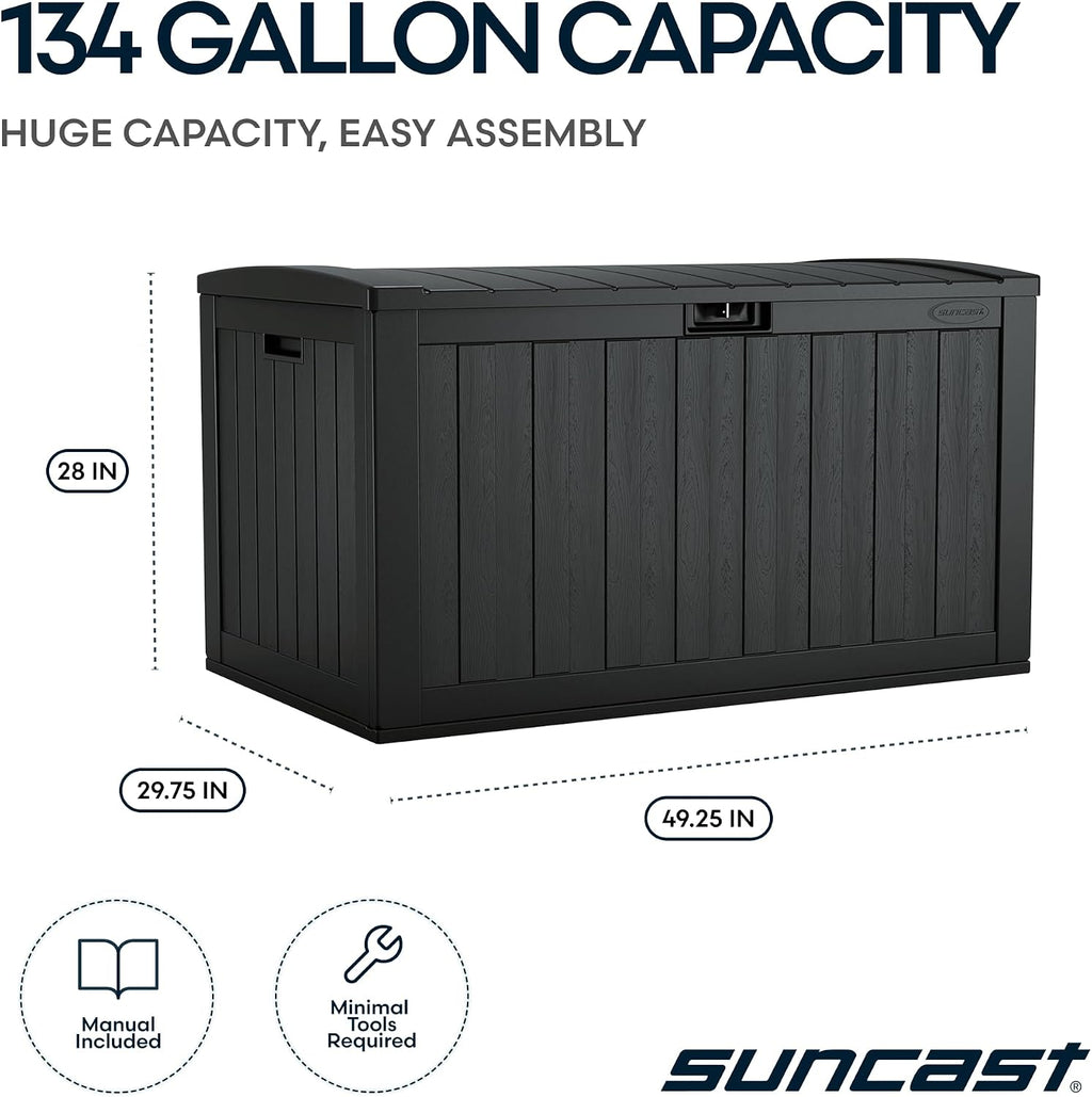 Suncast 134-Gal. Resin Extra-Large Outdoor Patio Deck Box with Pad-Lockable Lid, Modern Outdoor Patio Bench/Storage Box for Cushions, Garden Tools, and More, Iron Ore