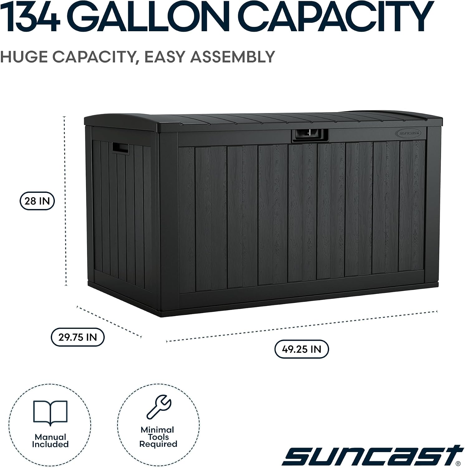 Suncast 134-Gal. Resin Extra-Large Outdoor Patio Deck Box with Pad-Lockable Lid, Modern Outdoor Patio Bench/Storage Box for Cushions, Garden Tools, and More, Iron Ore