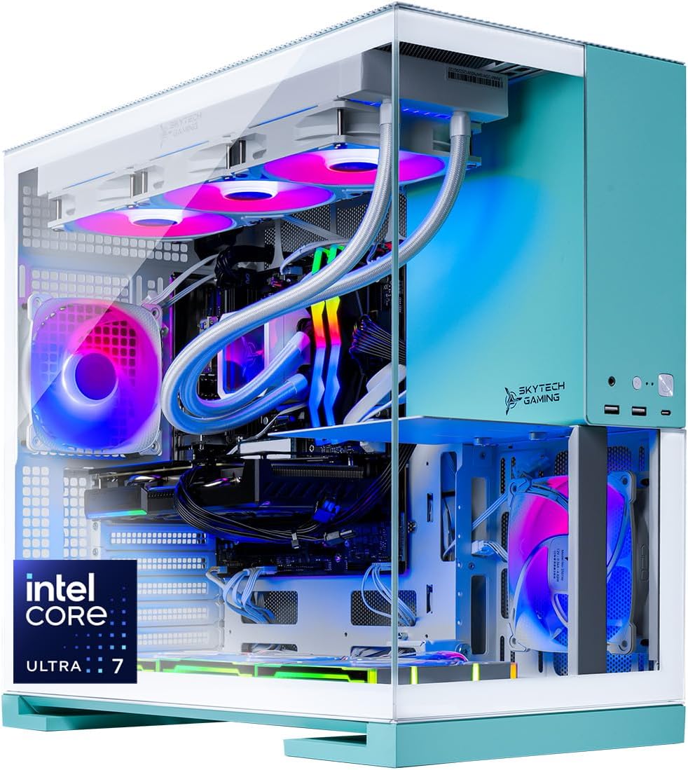 Skytech Gaming Aqua Desktop PC, Intel Ultra 7 265K 3.9 GHz(5.4 GHz Turbo), AMD RX 9070 XT 16GB, 1TB NVMe SSD, 32GB DDR5 RAM 6000 RGB, 850W Gold ATX 3 PSU, 360mm ARGB AIO, Wi-Fi, Win 11