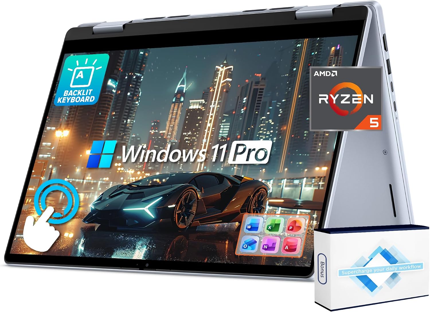 Dell Inspiron 14 2-in-1 FHD+ Touchscreen Laptop for 2025-2026 Student Business, Al Computer, AMD Ryzen 5, 16GB DDR5 RAM, 1TB Storage (512GB SSD +500GB Ext), FP, Backlit KB, Win 11 Pro, Lifetime Office