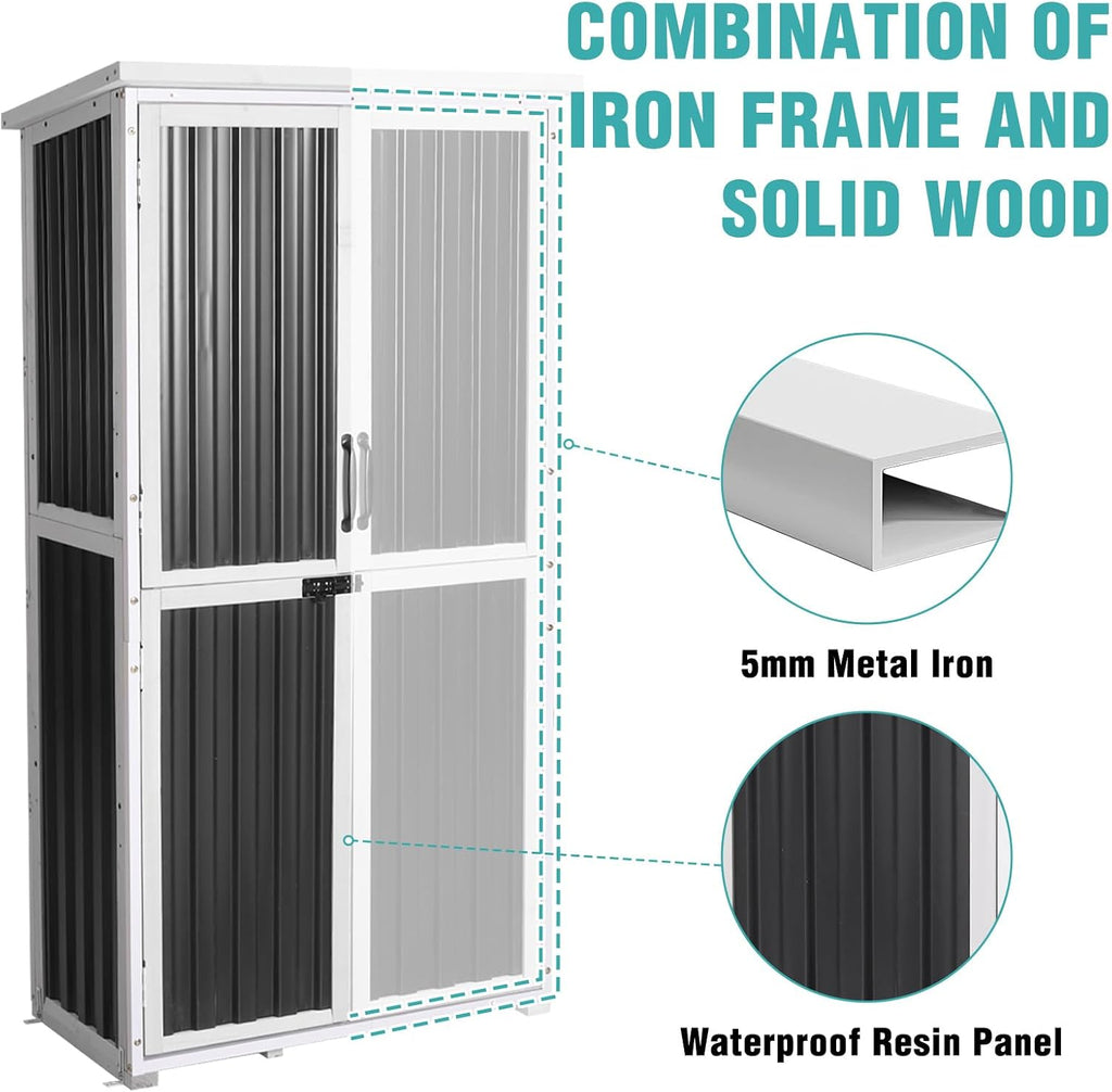 5FT Outdoor Storage Shed with 3-Level Adjustable Shelves – Durable, Weather-Resistant & Secure Storage Solution for Patio, Garden & Garage (White)