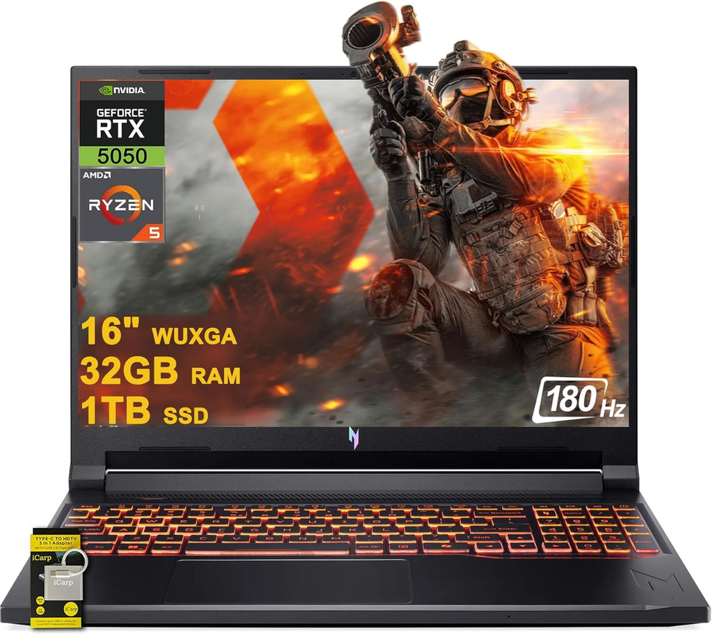 acer Nitro V 16 AI Gaming Laptop 16' WUXGA IPS 180Hz AMD Zen4 6-core Ryzen 5 240 32GB RAM 1TB SSD GeForce RTX 5050 (Up to 421 AI Tops) Backlit Win11 w/ICP Hub