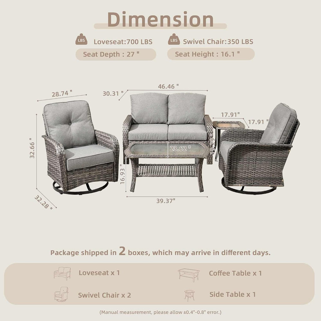 CAODOC 5 Pieces Patio Furniture Set,Outdoor Furniture with Rockers, Rattan Conversation Sets w/Coffee Table, Grey Wicker Light Dark Gray Cushion