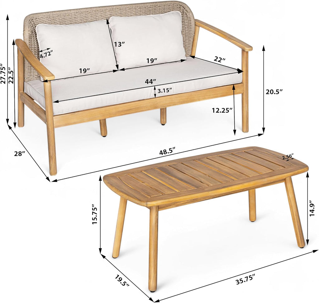 Merax 2 Piece Outdoor Conversation Set with Acacia Wood Coffee Table and Loveseat, Woven Rope Backrest Patio Seating Group, Patio Furniture Set for Porch, Garden, Backyard, Balcony, Light Teak Finish