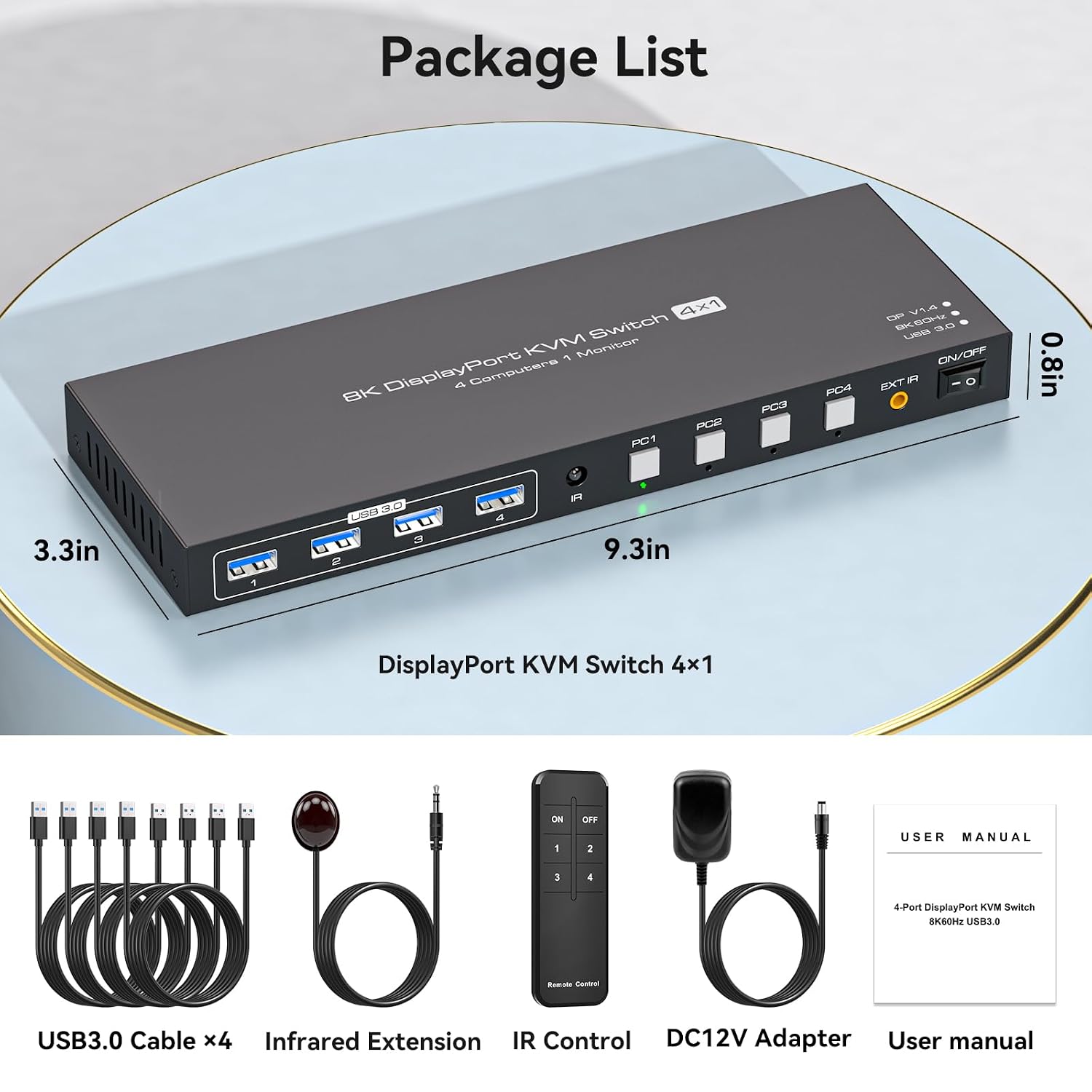 8K Displayport KVM Switch 4 Computers 1 Monitor 4K144Hz 4 Port KVM Sharing 1 Monitor and 4 USB 3.0 Device with Controller Support Extended/Copy Mode