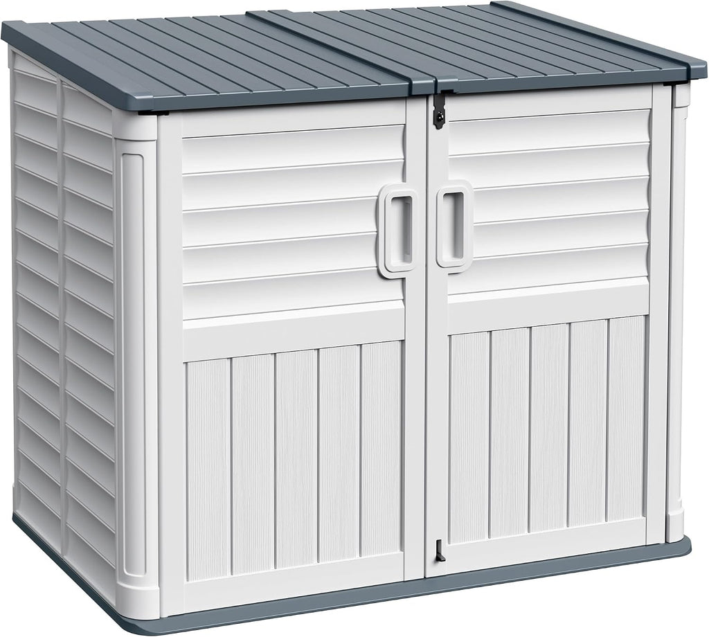 Devoko Outdoor Storage Shed, Resin, 34 Cu Ft Outdoor Storage Cabinet Without Shelf, Waterproof, Double Locks, Storage for Trash Can, Garden Tools, Pool Supplies, Beige