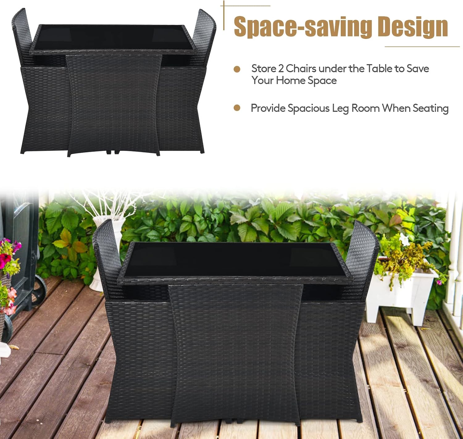 Tangkula 3 Pieces Patio Dining Set, Space-Saving PE Rattan Bistro Set with Tempered Glass Top Table and Cushioned Chairs, Outdoor Conversation Set for Garden Backyard Poolside Porch (White)