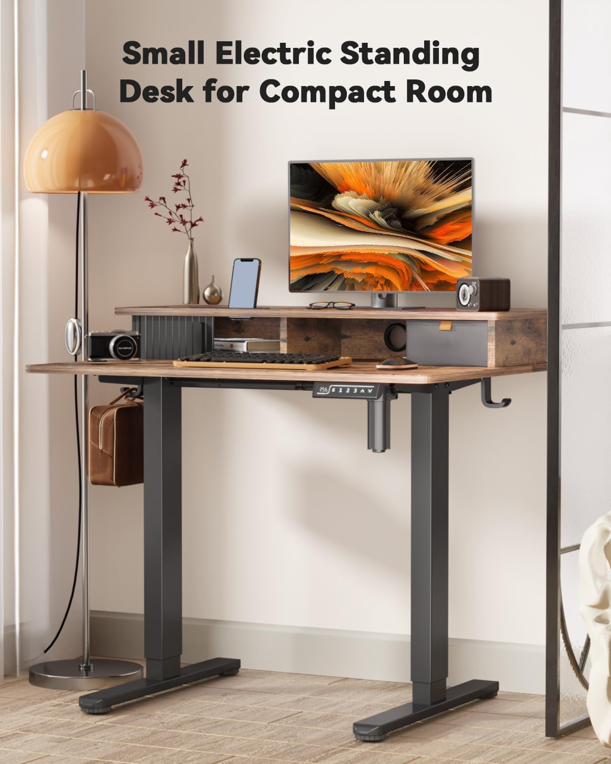 JOY worker Small Electric Standing Desk, 35' x 25' Height Adjustable Desk with Built-in Monitor Stand & Storage Drawer, Sit Stand Desk with 2 Hooks for Home Office, Rustic Brown