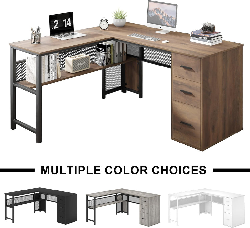 LVB Wood L Shaped Desk, Large Computer Office Desk with File Cabinets, Reversible Executive L Shape Gaming Desk with Drawers, Metal Wooden Corner Desk Table with with Storage Shelf, Rustic Oak 59 Inch