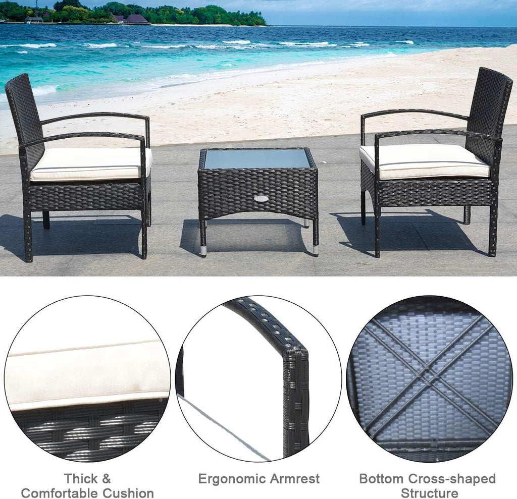 HAPPYGRILL 3PCS Patio Furniture Set Rattan Wicker Bistro Set with Glass Coffee Table & Soft Cushions for Balcony Garden Poolside