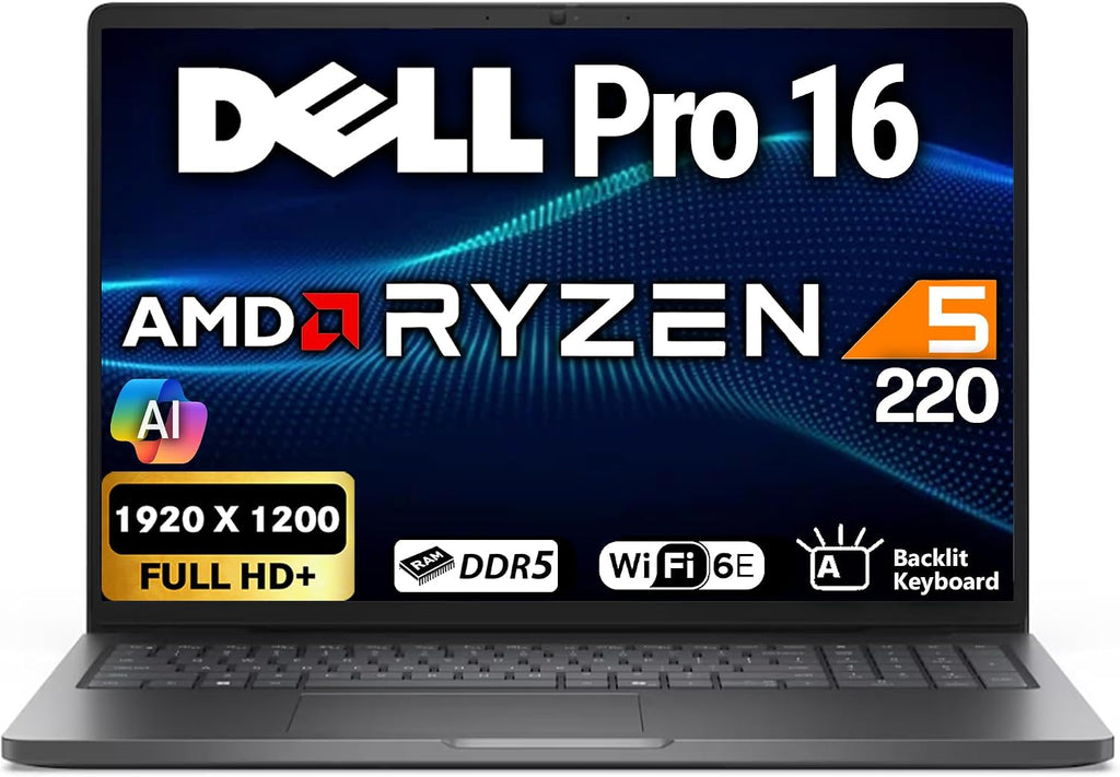 Dell Pro 16 FHD+ 16' (Replaces Latitude 3550), AMD Ryzen 5 220, 16GB DDR5 RAM, 512GB SSD, Backlit Keyboard, WiFi 6E + BT, RJ-45, HDMI, HD Webcam, W11P, Business Laptop, Black