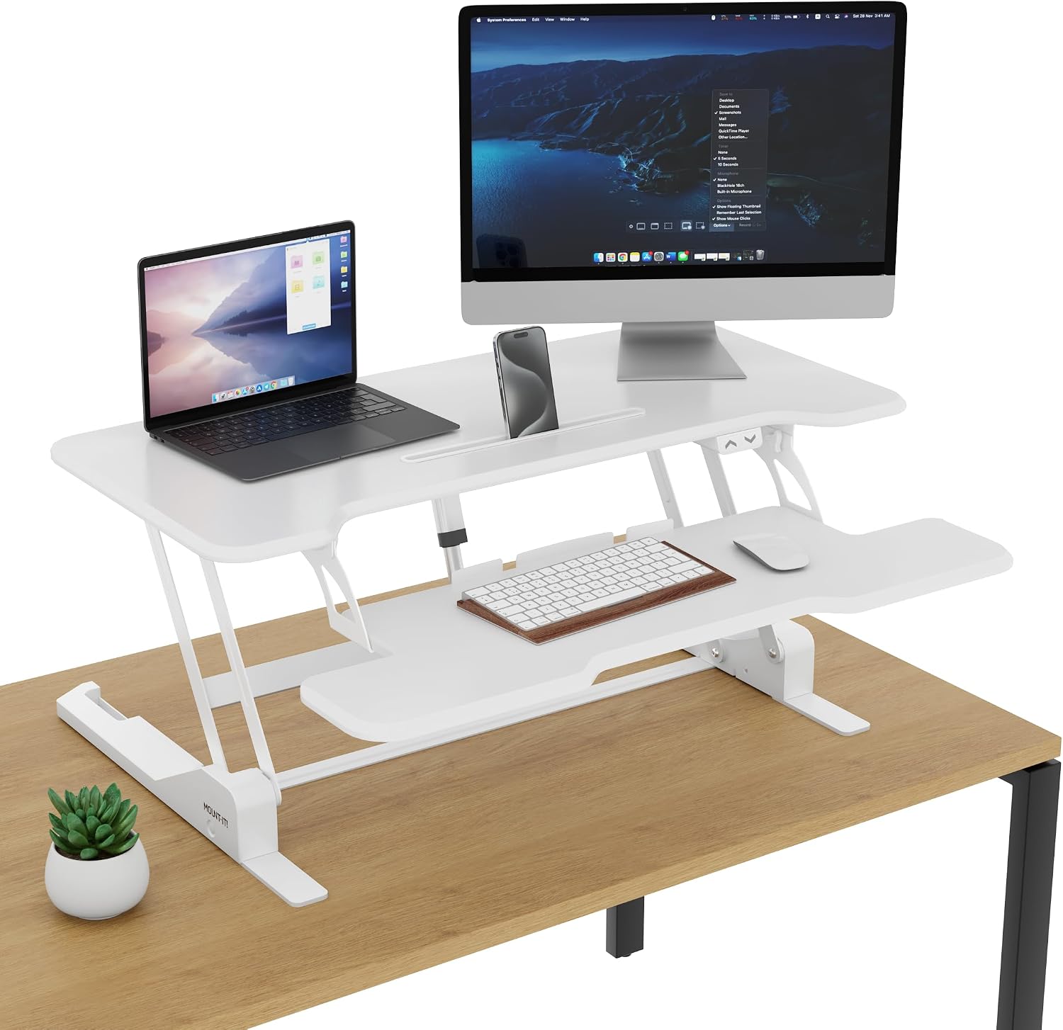 Mount-It! Electric Standing Desk Converter White 38 Inch Wide Tabletop, Stand up Desk Riser, Height Adjustable Sit Stand Desk, Fits Dual Monitors, Keyboard Tray, Device Slot, Monitor & Laptop