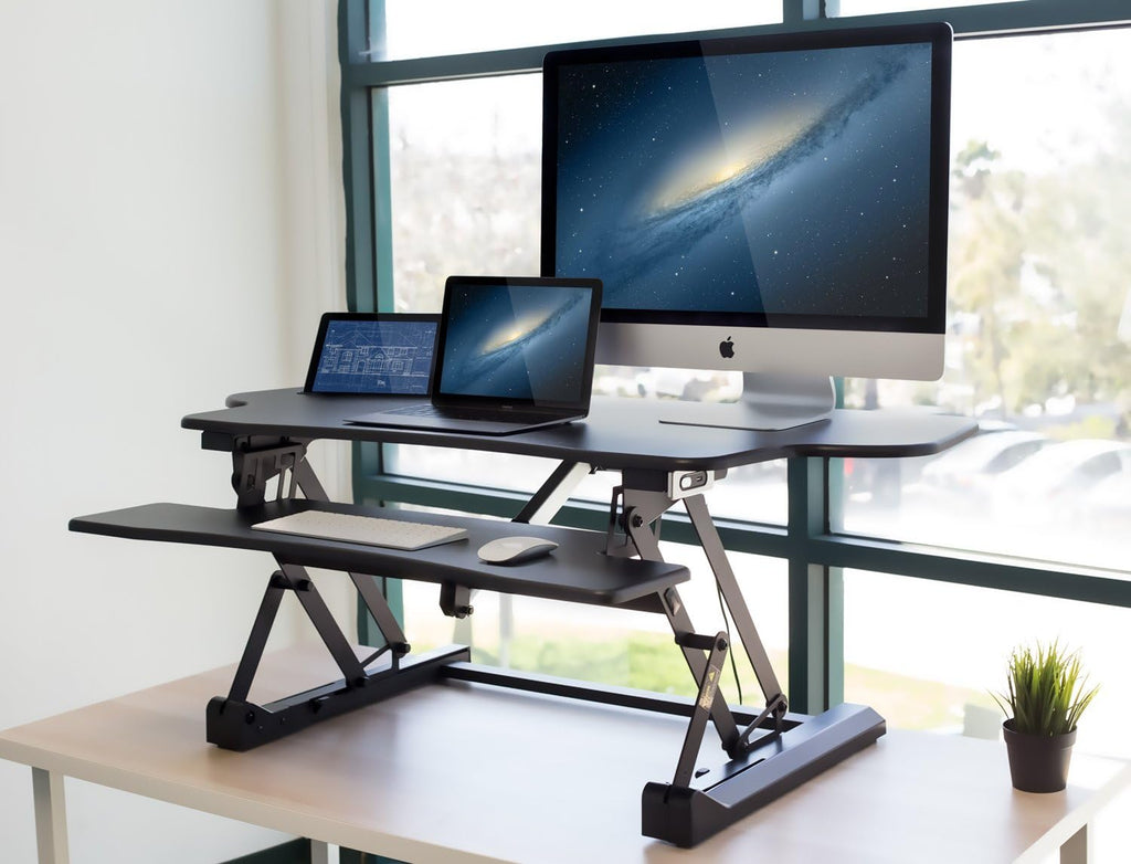 Mount-It! 48.5' Electric Standing Desk Converter for Dual Monitors, Motorized Sit Stand Electric Desk Riser with USB Port & Device Slot, Keyboard Tray, Adjustable Height Ergonomic Workstation, Black