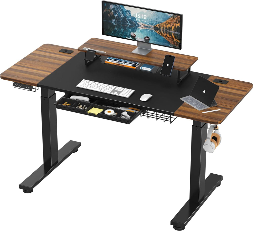 SHW 62-Inch Electric Height Adjustable Standing Desk with Monitor Riser and Drawer, Walnut