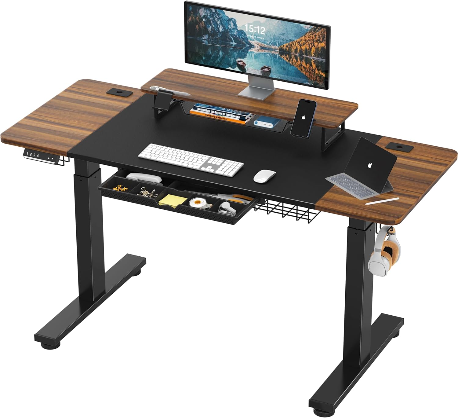 SHW 62-Inch Electric Height Adjustable Standing Desk with Monitor Riser and Drawer, Walnut