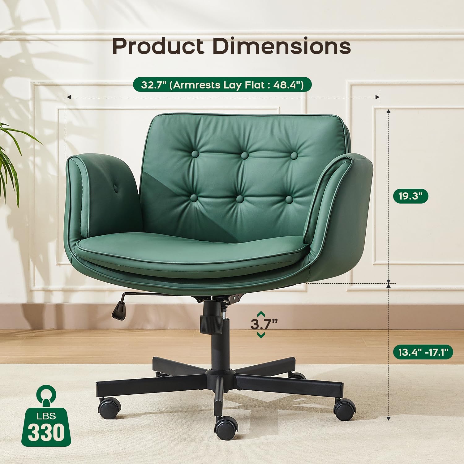 amseatec Criss Cross Office Chair, PU Leather Vanity Chair with 5-Level Adjustable Armrests & Swivel, Ergonomic Criss Cross Chair for Home Office Bedroom Makeup（Green）