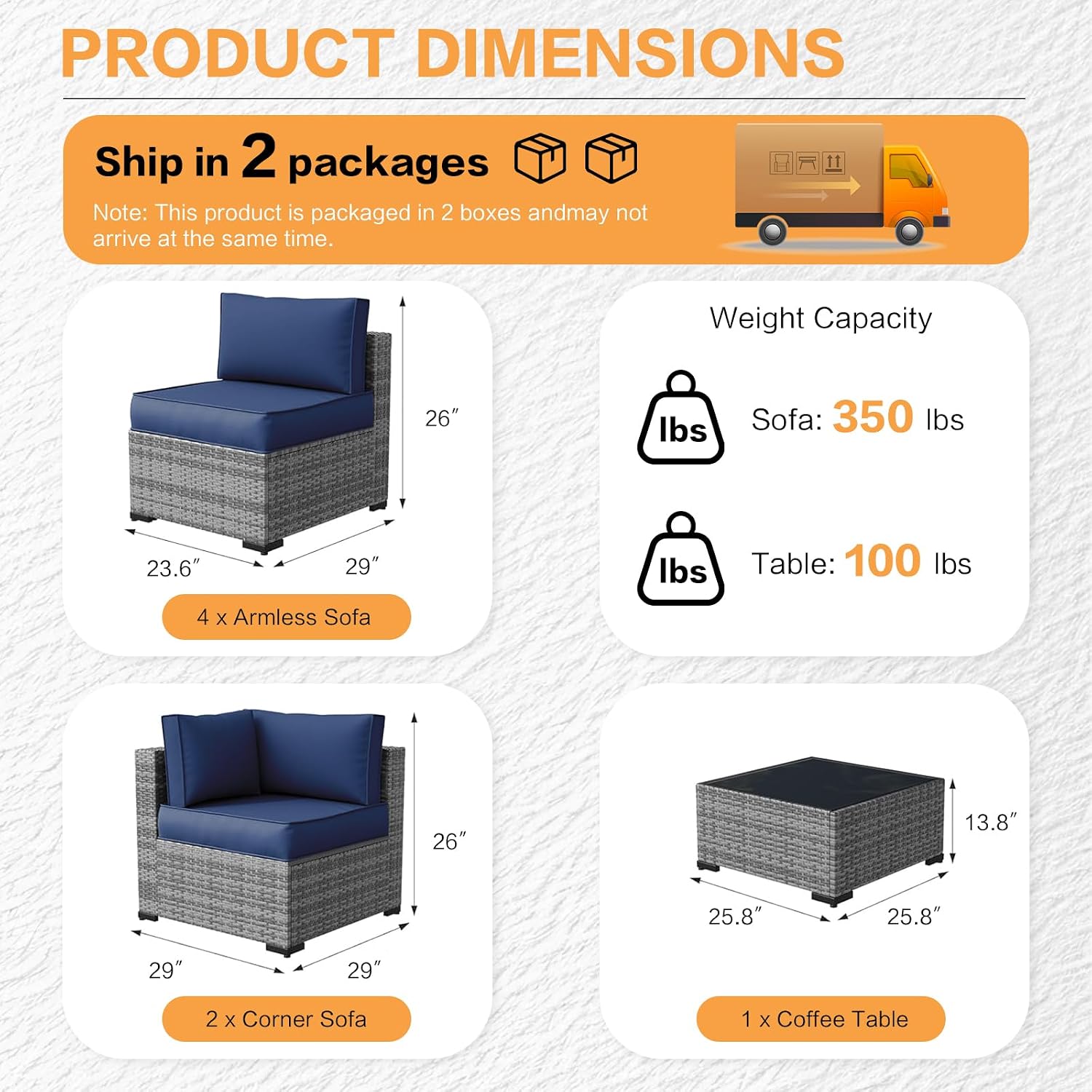 MOCHITO 7 Pieces Outdoor Patio Furniture Sets, All-Weather Sectional Sofa Grey PE Rattan Wicker Conversation Set with Glass Table and Washable Blue Cushions for Backyard,Sunroom,Garden,Porch