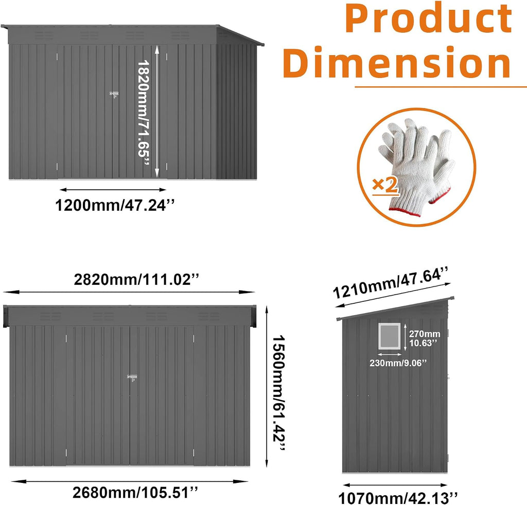 9x4 FT Lean to Shed with Window, Metal Sheds & Outdoor Storage with 6 Vents and 2 Swing Doors, Outdoor Storage Shed Waterproof for Backyard, Garden, Patio, Gray