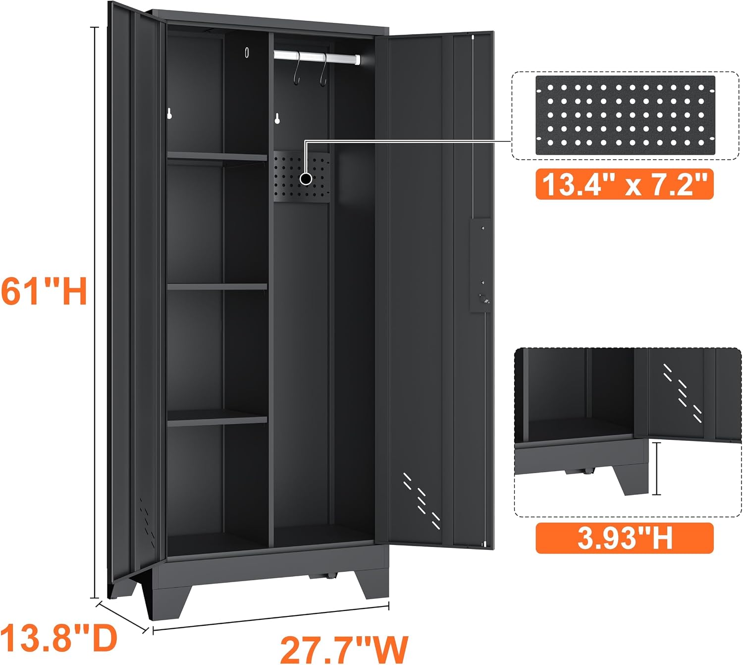 Storage Cabinet 61' H, Metal Tools Storage Cabinet with Lockable Doors and Shelves, Outdoor Storage Sheds with Removable Pegboard for Garage, Utility Room, Office